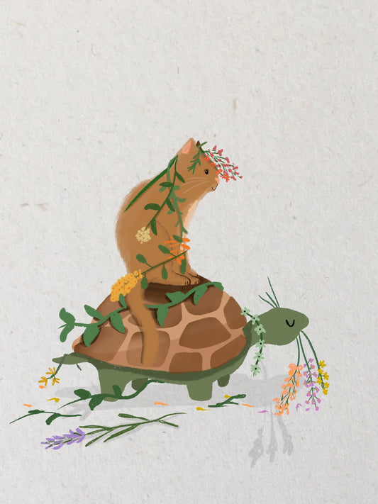 kaart schildpad en poes op bloemenjacht